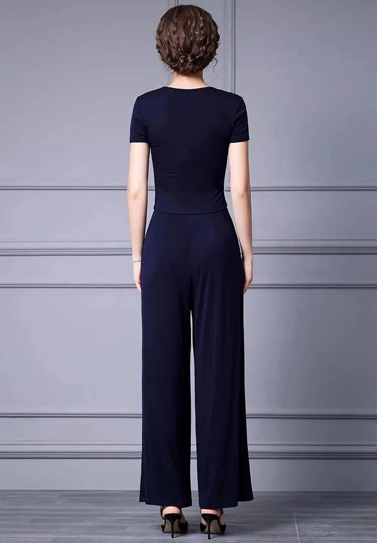 Lilybeth Summer Short Sleeve High-End Slim Tops Wide Leg Pants  Two Piece Set