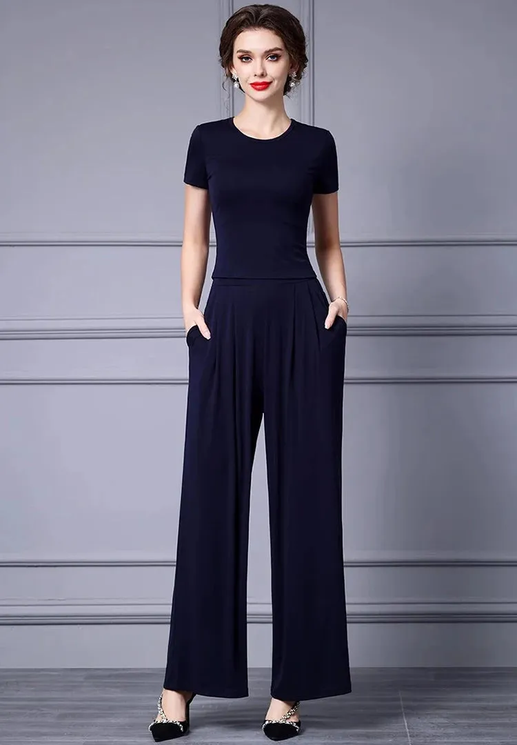 Lilybeth Summer Short Sleeve High-End Slim Tops Wide Leg Pants  Two Piece Set