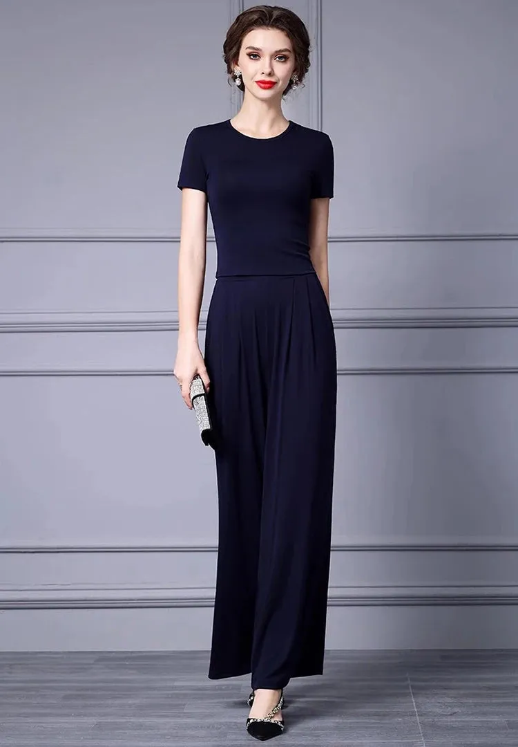 Lilybeth Summer Short Sleeve High-End Slim Tops Wide Leg Pants  Two Piece Set