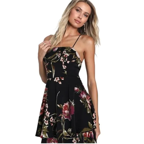 Lulus Enchanting Blossom Black Floral Satin Lace-Up Tiered Maxi Dress Size XL