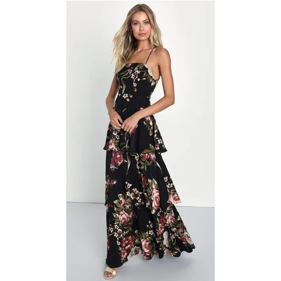 Lulus Enchanting Blossom Black Floral Satin Lace-Up Tiered Maxi Dress Size XL