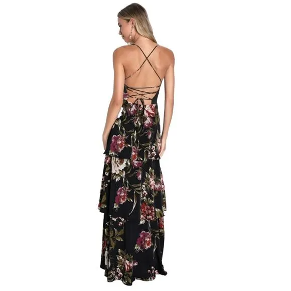 Lulus Enchanting Blossom Black Floral Satin Lace-Up Tiered Maxi Dress Size XL