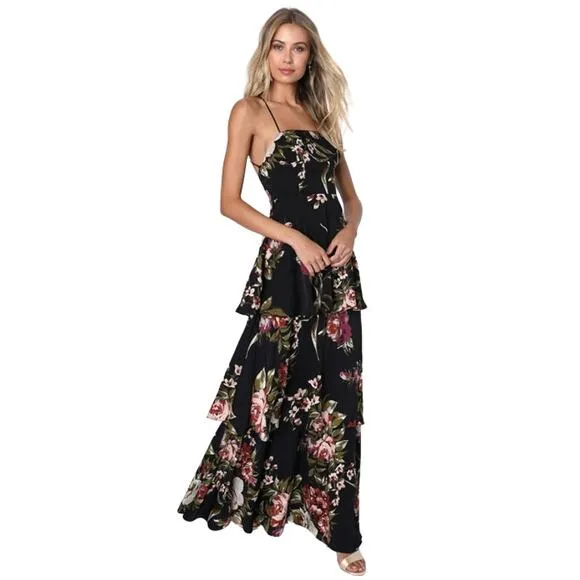 Lulus Enchanting Blossom Black Floral Satin Lace-Up Tiered Maxi Dress Size XL