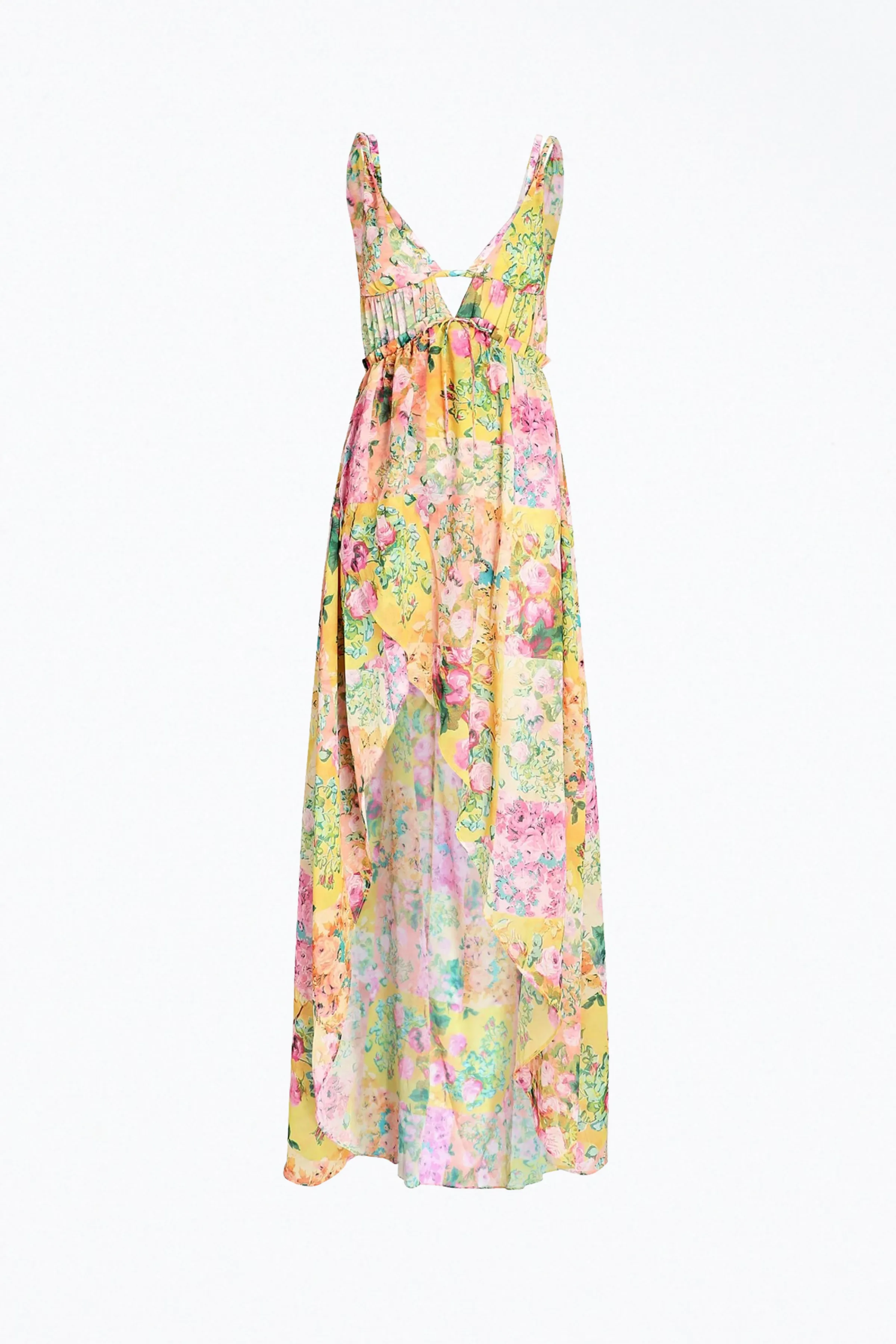 MADISON FLORAL-PRINT ASYMMETRIC CHIFFON MAXI DRESS