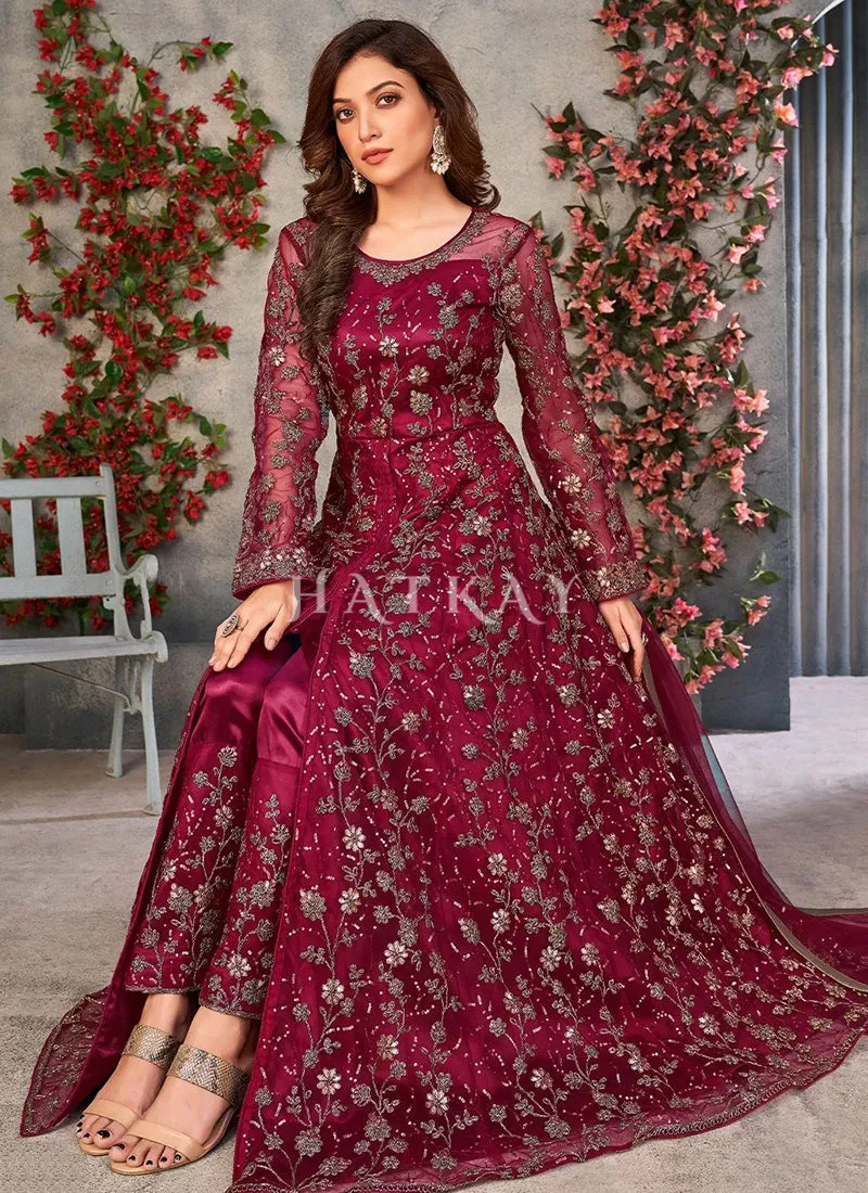 Magenta Zari Embroidered Slit Style Anarkali Pant Suit