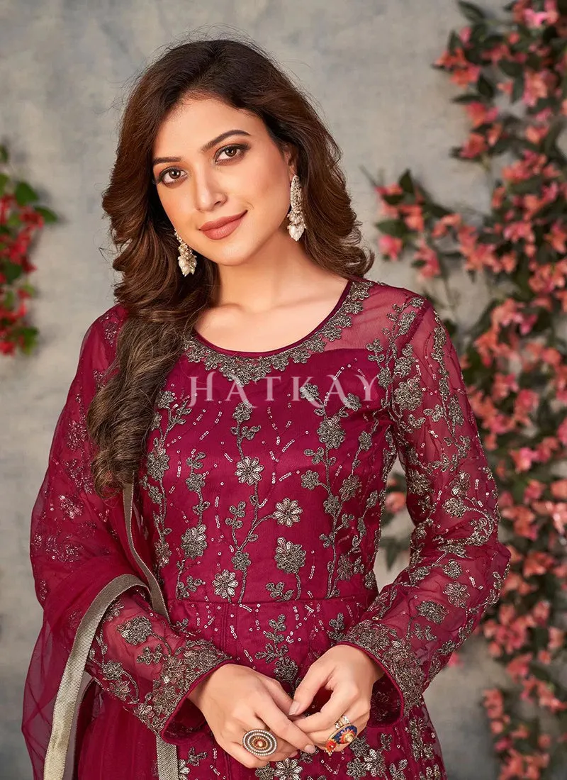 Magenta Zari Embroidered Slit Style Anarkali Pant Suit