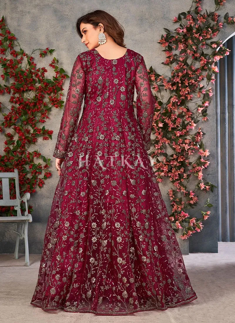 Magenta Zari Embroidered Slit Style Anarkali Pant Suit