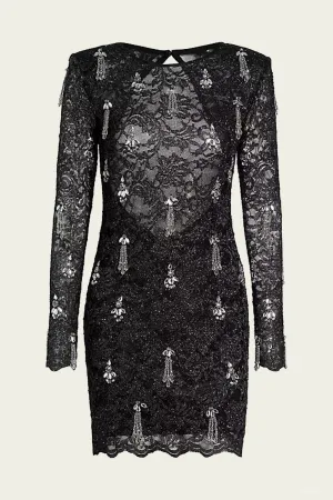 Metallic Lace Hand-Beaded Mini Dress in Black