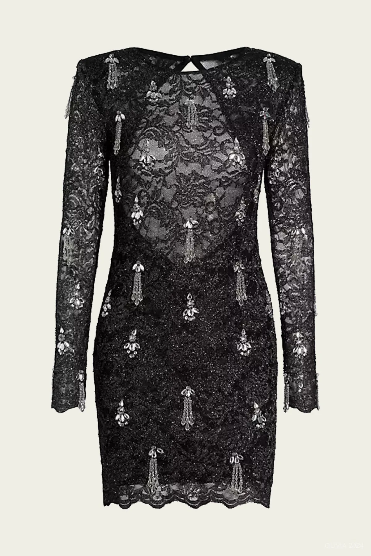 Metallic Lace Hand-Beaded Mini Dress in Black