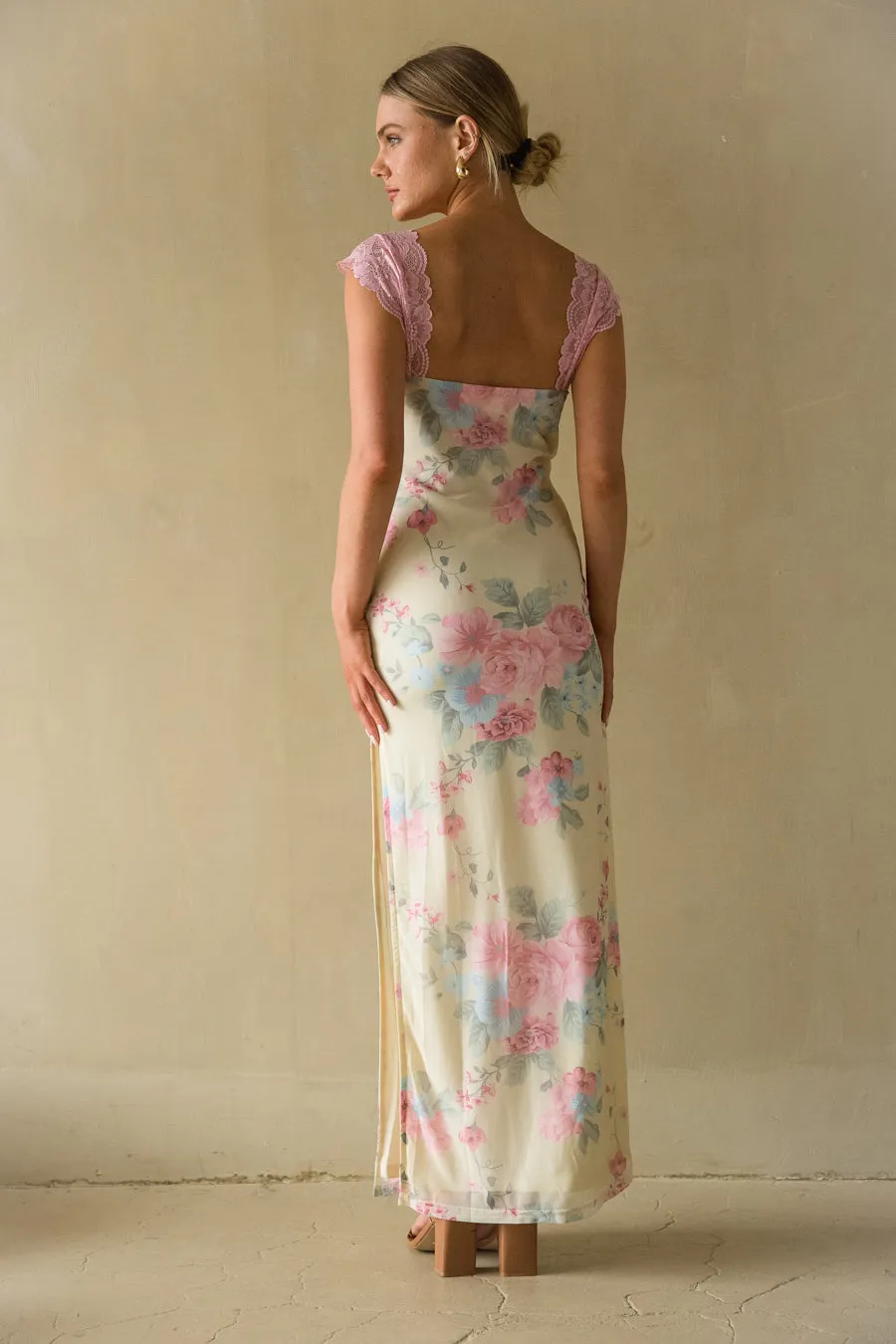 Mimi Lace Trim Floral Mesh Maxi Dress