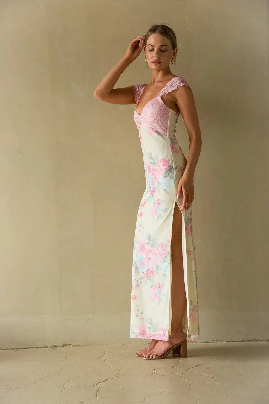 Mimi Lace Trim Floral Mesh Maxi Dress