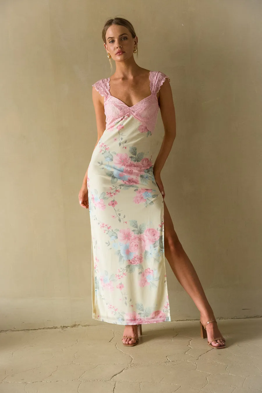 Mimi Lace Trim Floral Mesh Maxi Dress