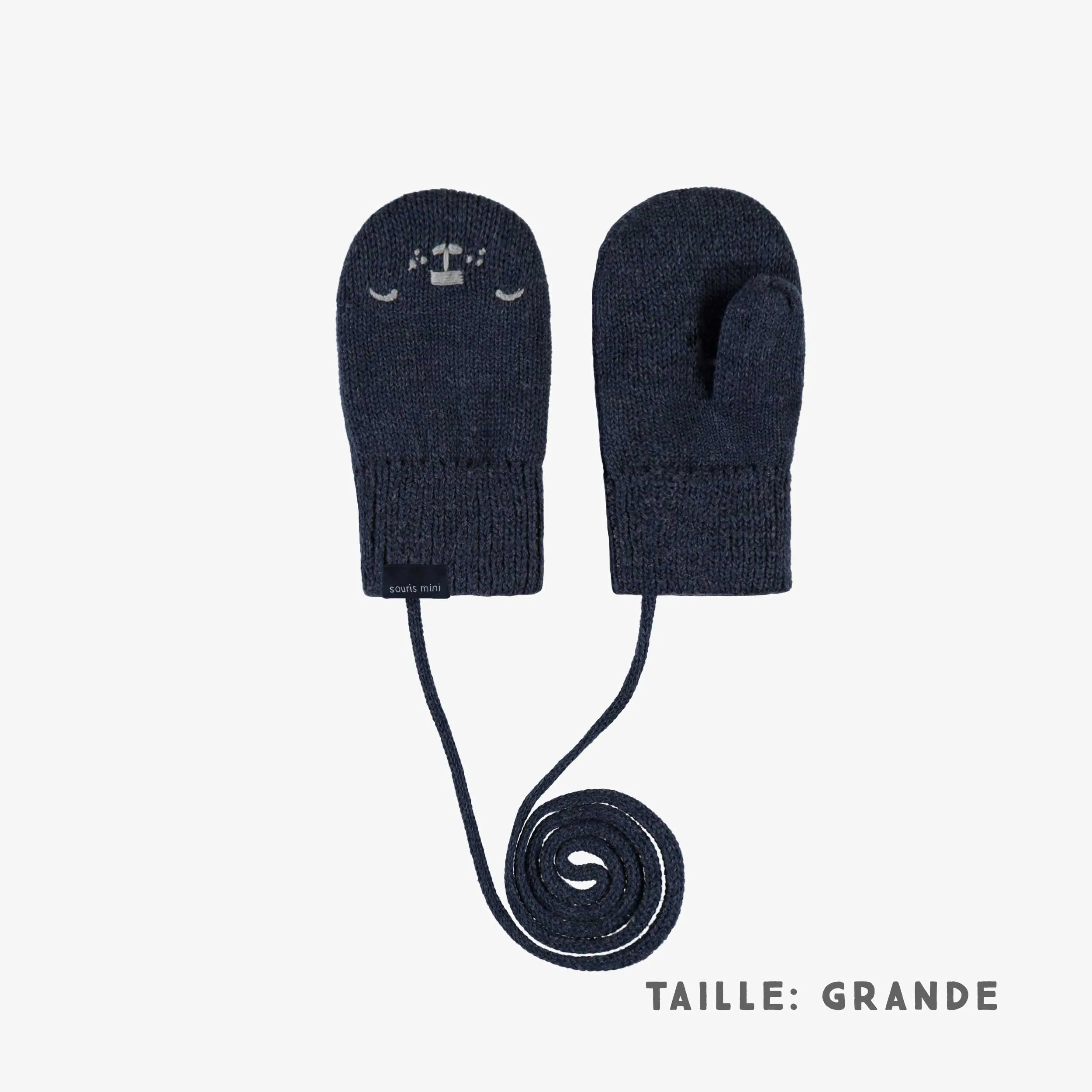 Mitaines marine-gris avec cordon en tricot, bébé || Navy-gray knitted mittens with a drawstring, baby
