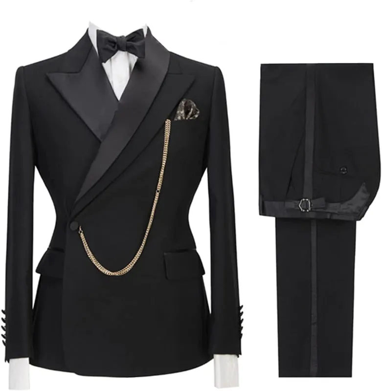Modern Black Peaked Lapel Two Pieces Prom Suits Jacket Pants Wedding Grooms Suits