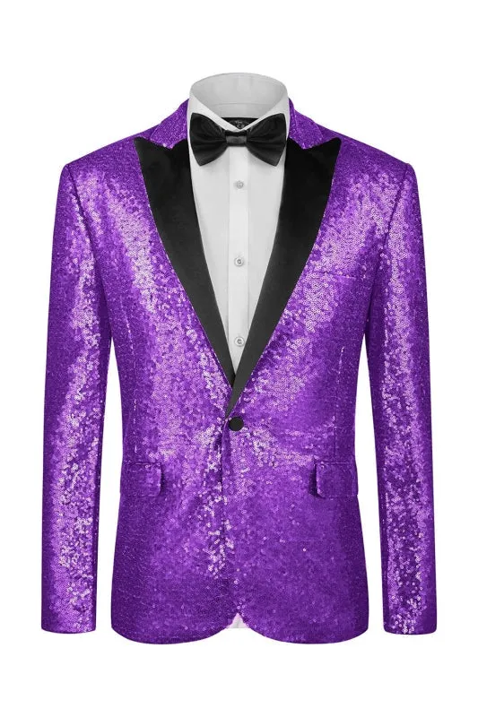 Modern Light Purple Peaked Lapel Shiny Sequins Men Prom Suits