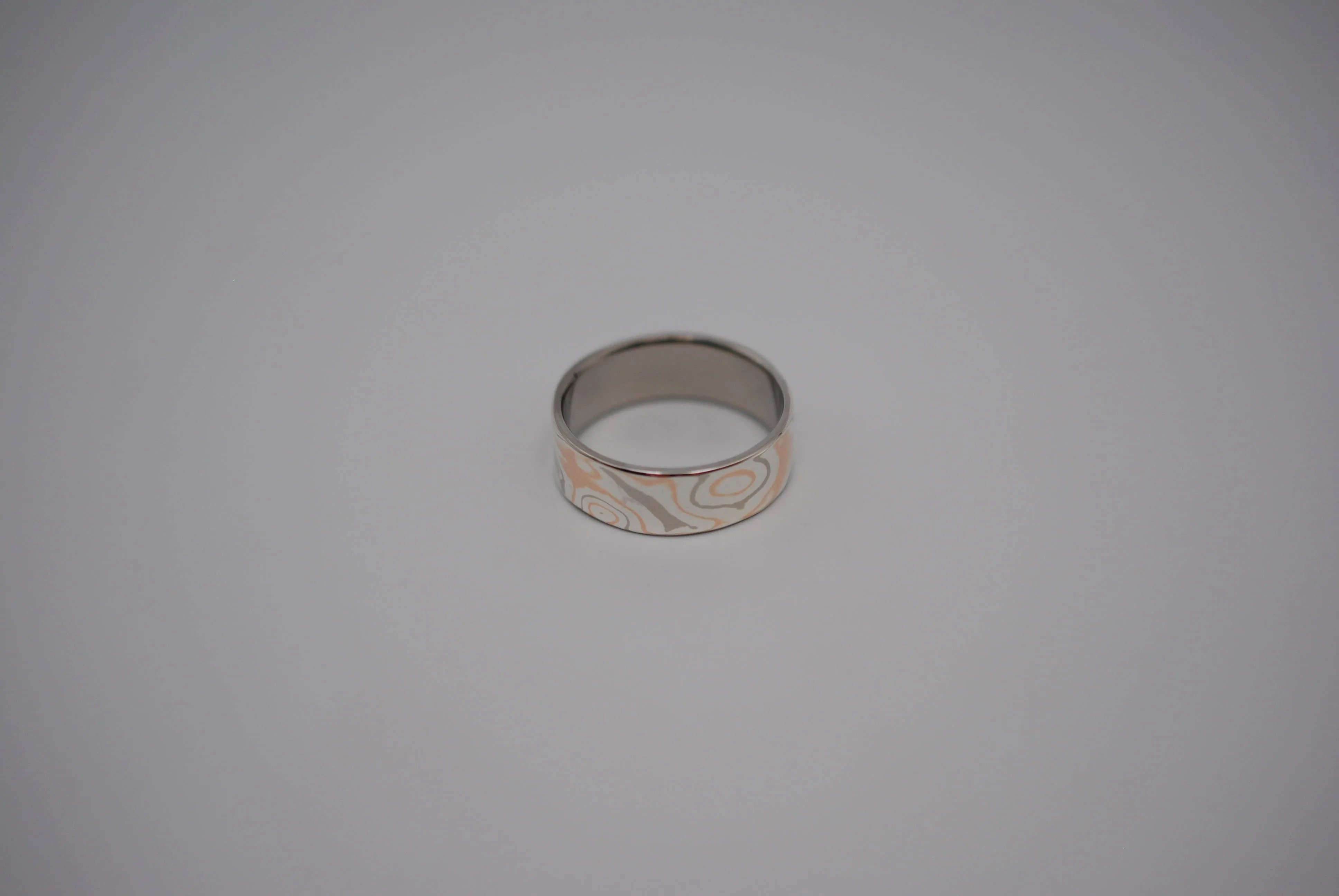 Mokume Gane Ring Band: Palladium White Gold, Rose Gold, and Silver, Medium Width