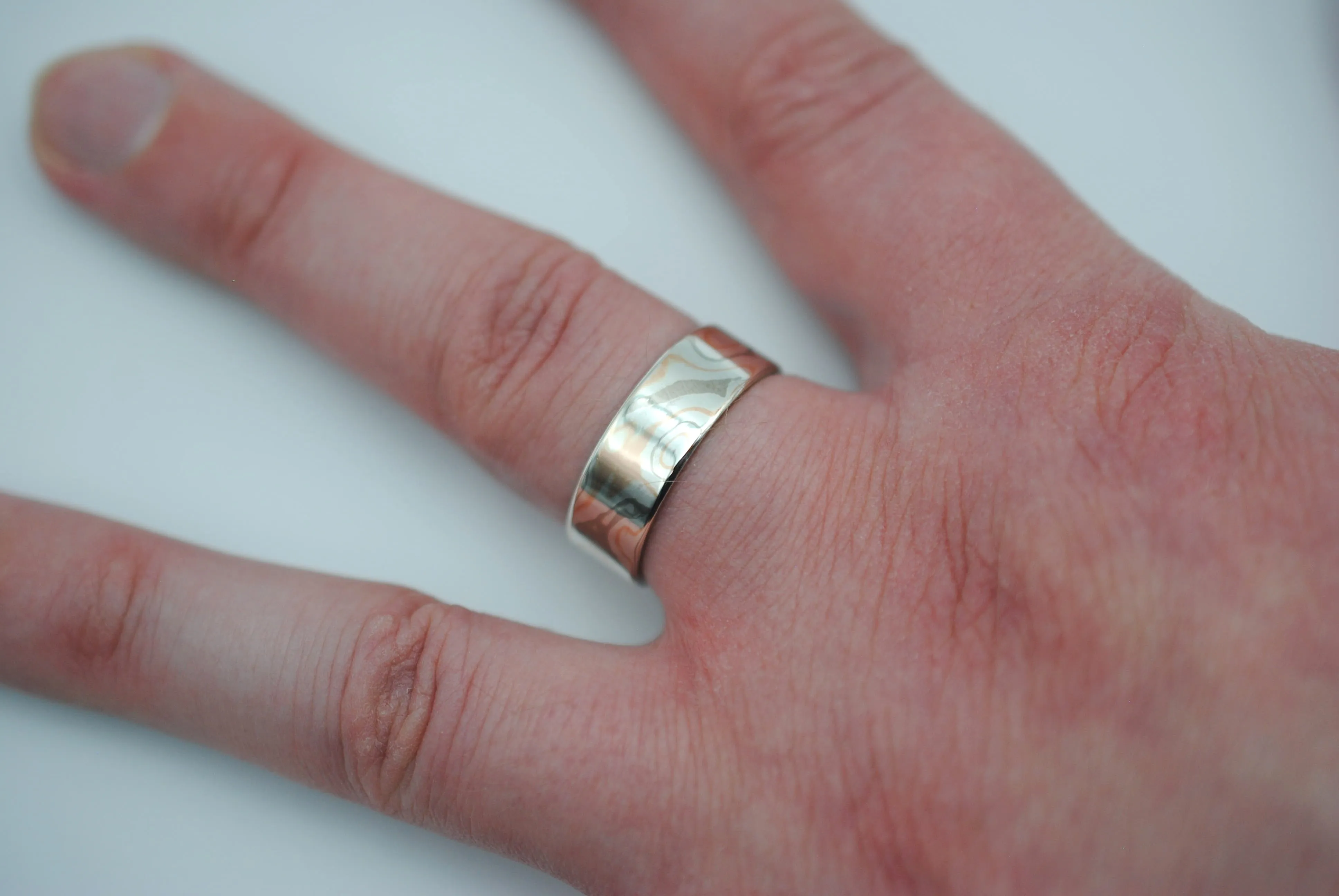 Mokume Gane Ring Band: Palladium White Gold, Rose Gold, and Silver, Medium Width