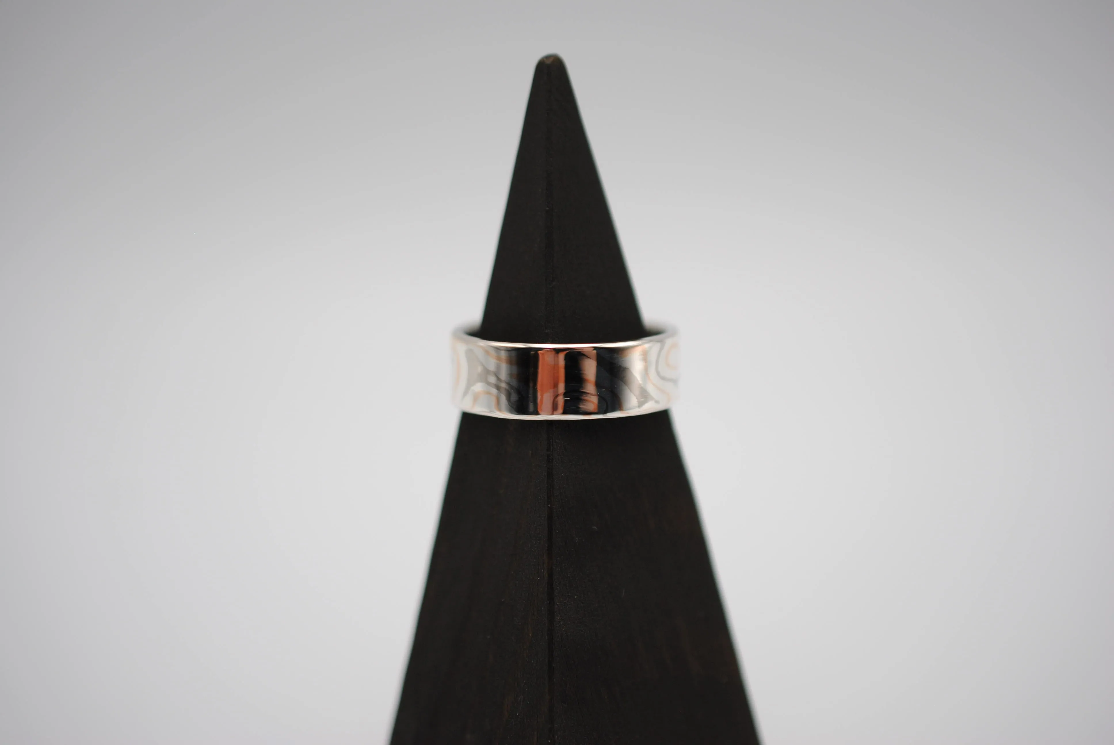 Mokume Gane Ring Band: Palladium White Gold, Rose Gold, and Silver, Medium Width