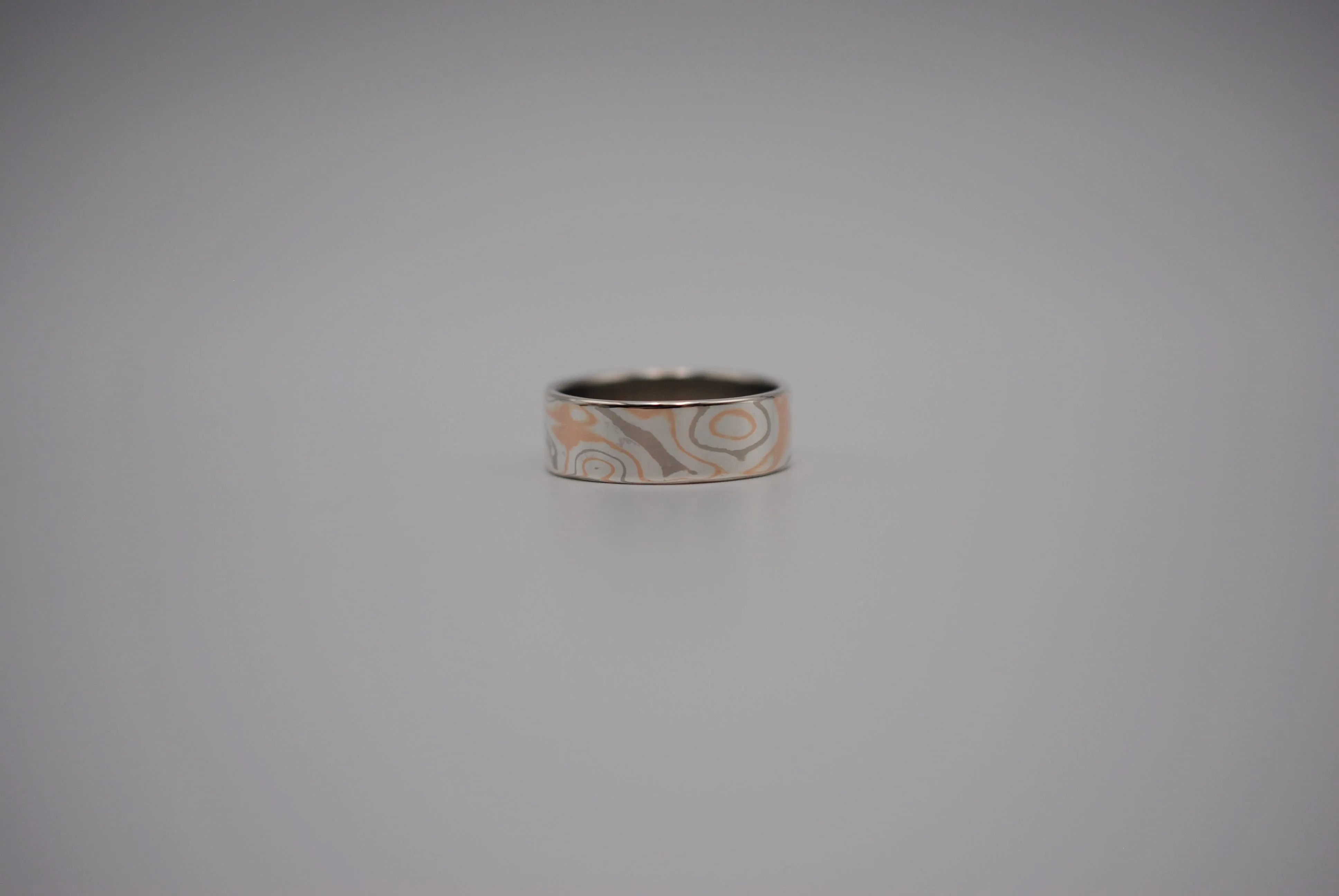 Mokume Gane Ring Band: Palladium White Gold, Rose Gold, and Silver, Medium Width
