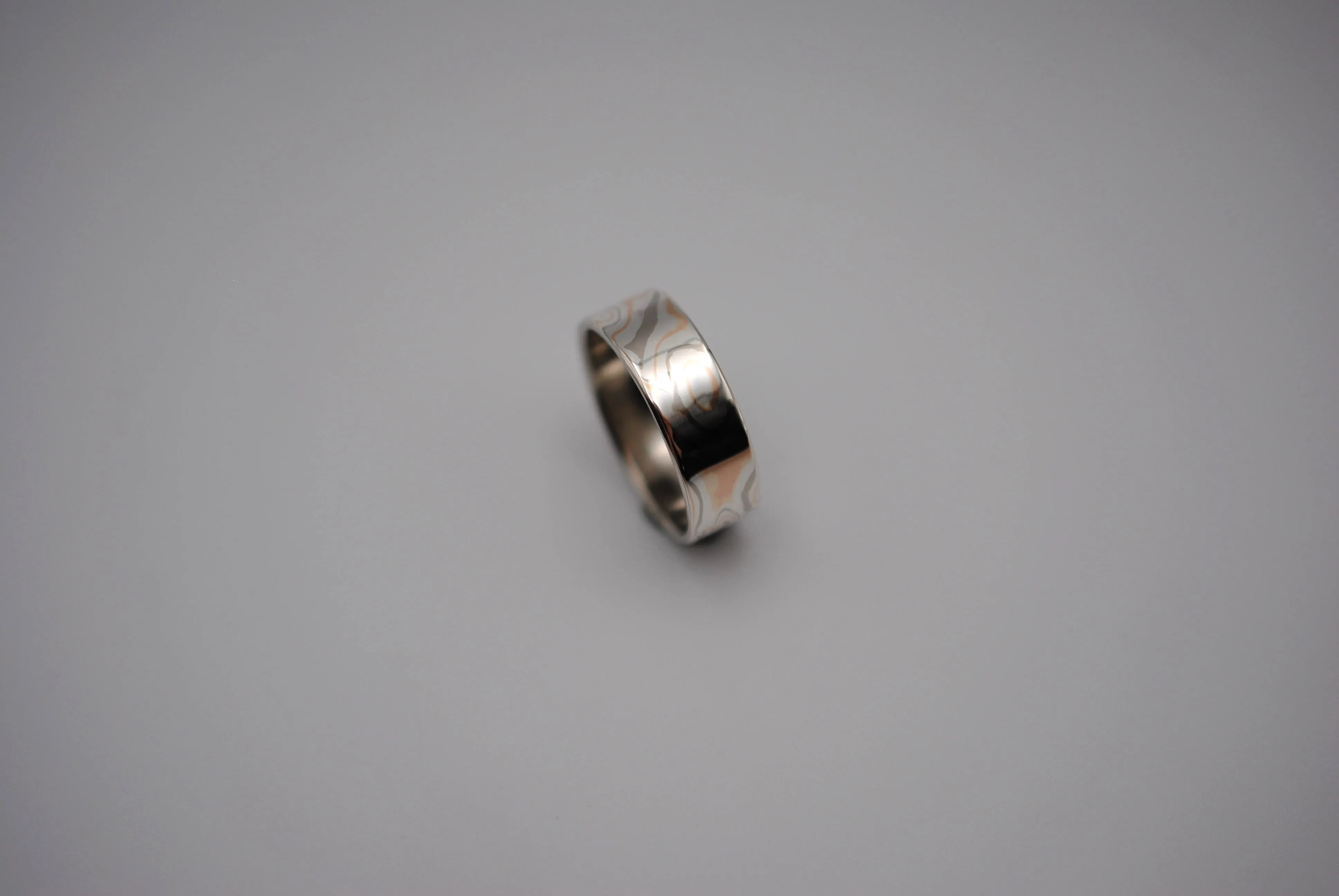 Mokume Gane Ring Band: Palladium White Gold, Rose Gold, and Silver, Medium Width