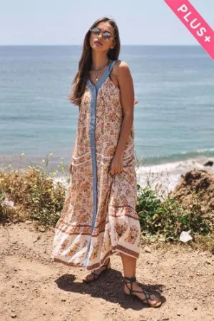 Natural Floral Button Front Maxi with Denim Trim