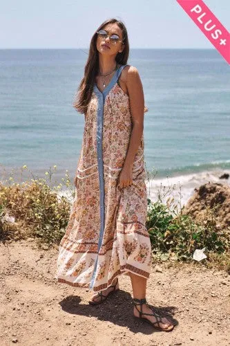 Natural Floral Button Front Maxi with Denim Trim
