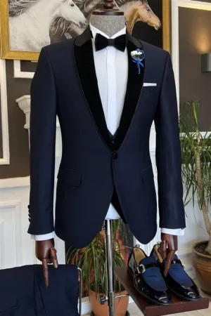 Navy Blue Peaked Lapel Two Pieces Prom Suits One Button Wedding Party Groom Blazer Pants