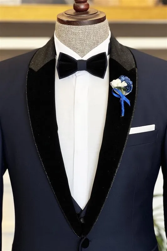 Navy Blue Peaked Lapel Two Pieces Prom Suits One Button Wedding Party Groom Blazer Pants
