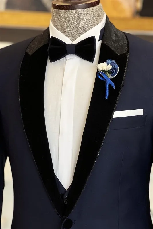Navy Blue Peaked Lapel Two Pieces Prom Suits One Button Wedding Party Groom Blazer Pants