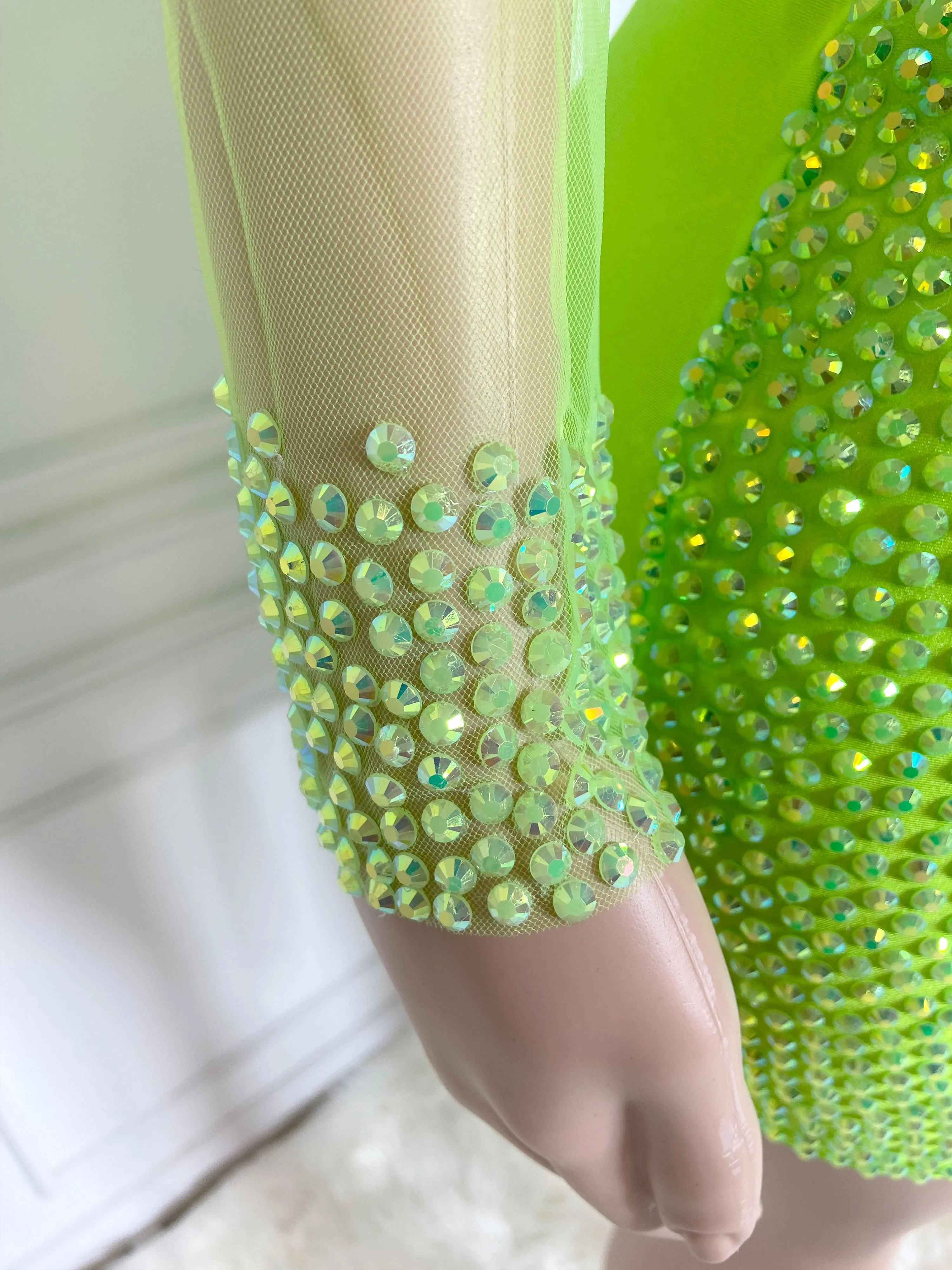 Neo Green See Through and Rhinestone Long Sleeve Mini Dress
