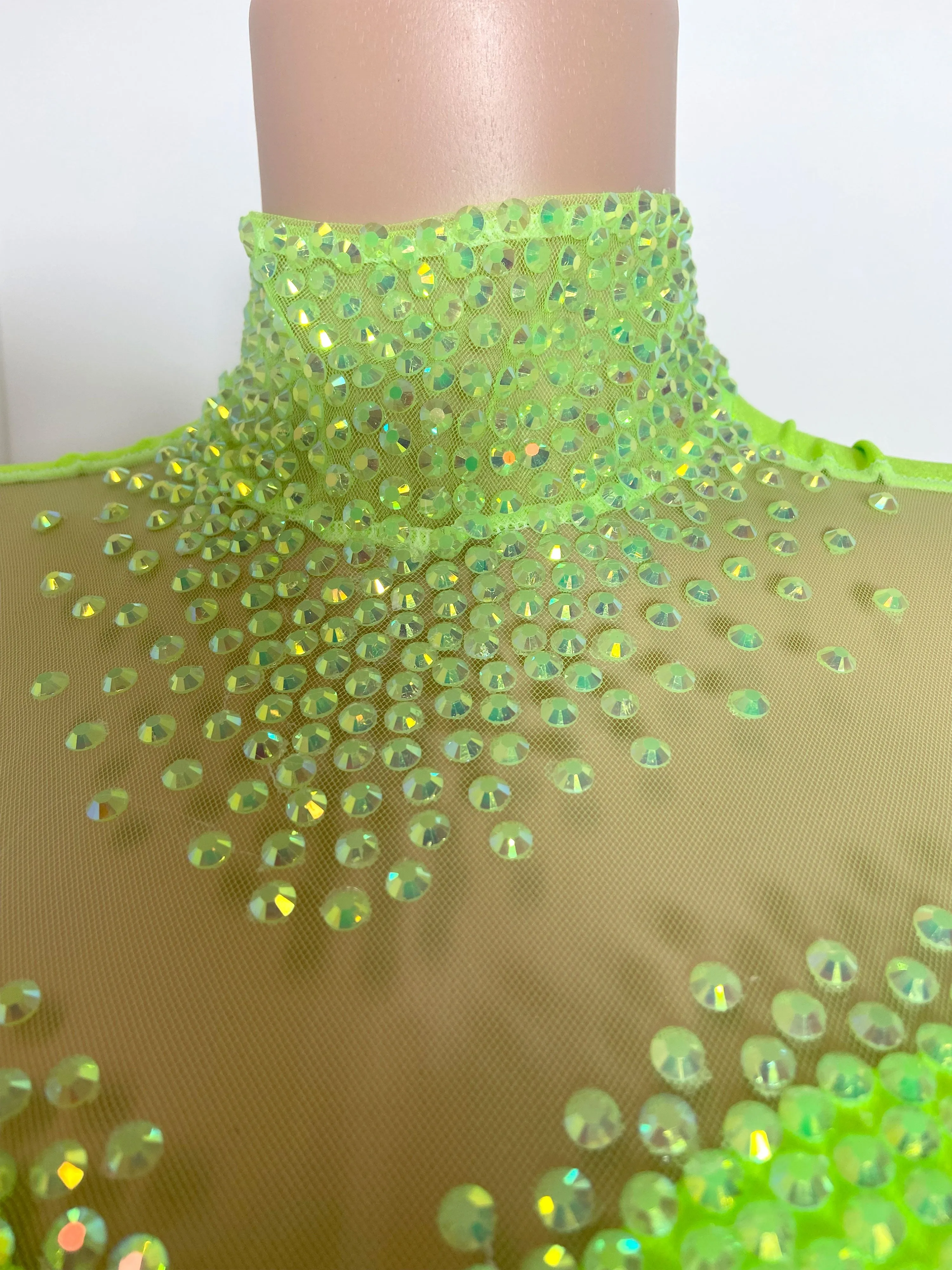 Neo Green See Through and Rhinestone Long Sleeve Mini Dress