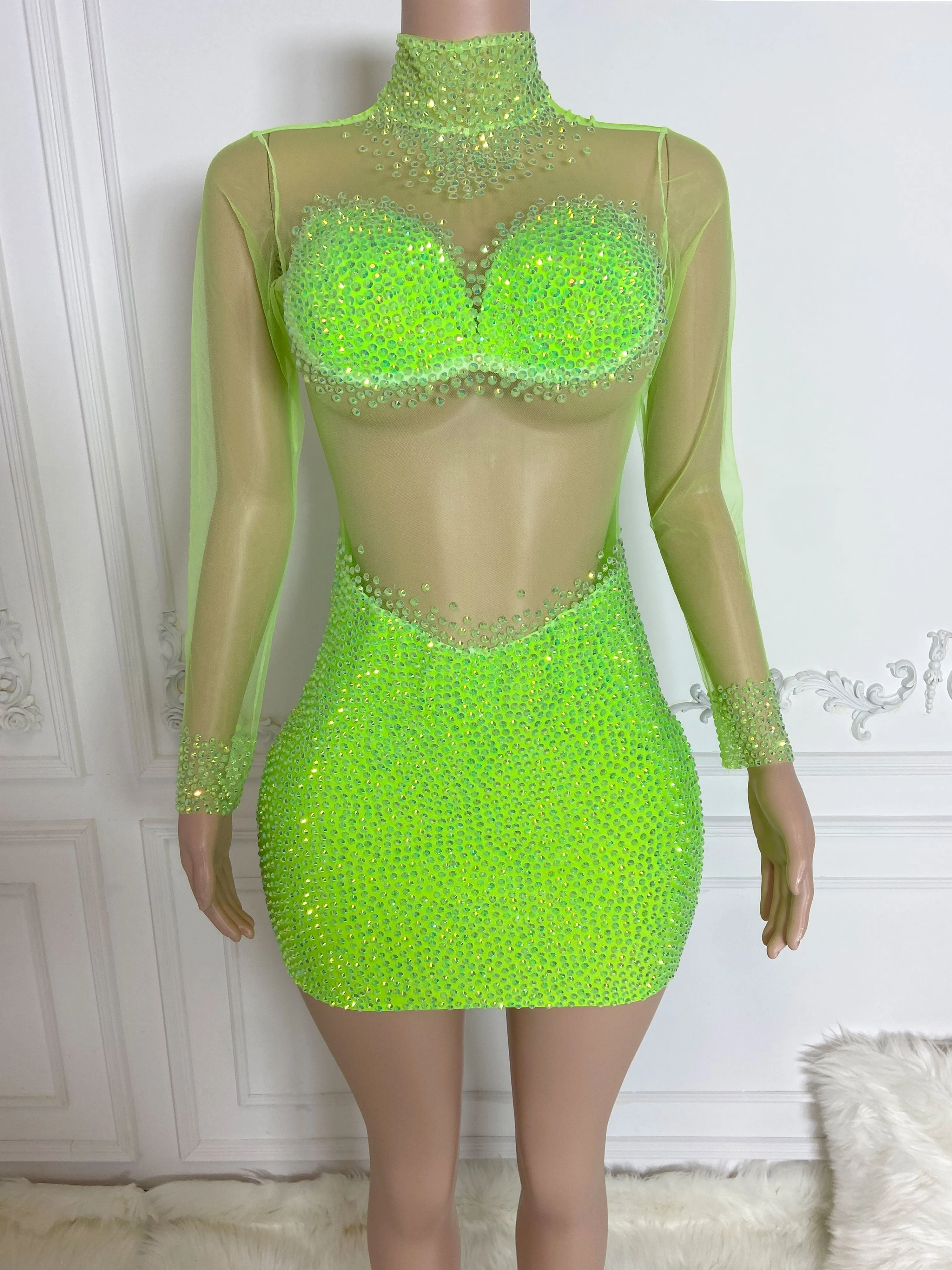 Neo Green See Through and Rhinestone Long Sleeve Mini Dress