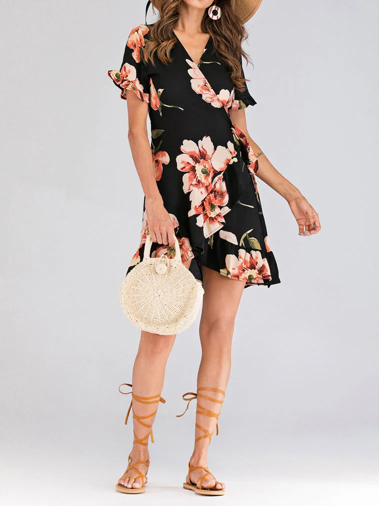 New Black Printed Ruffled Dress