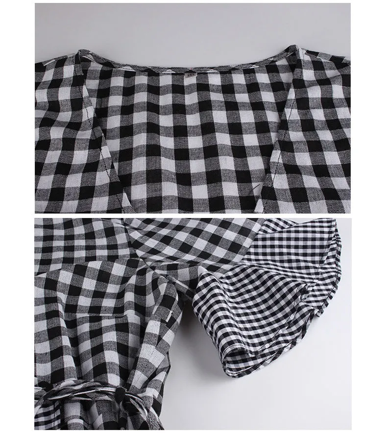 New Plaid Five-point Sleeve Ruffled Dress
