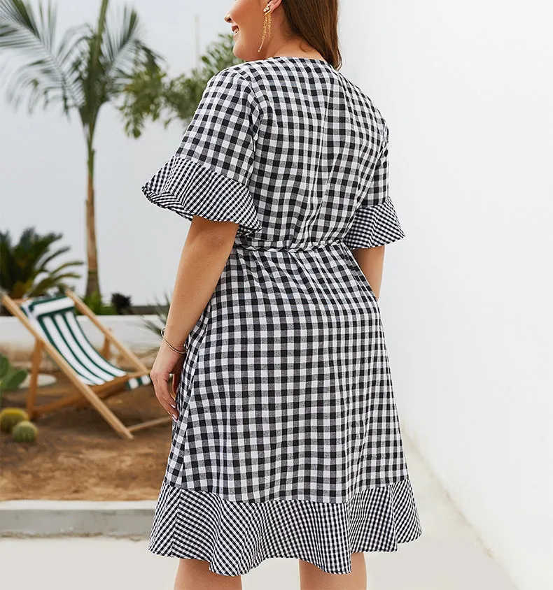 New Plaid Five-point Sleeve Ruffled Dress