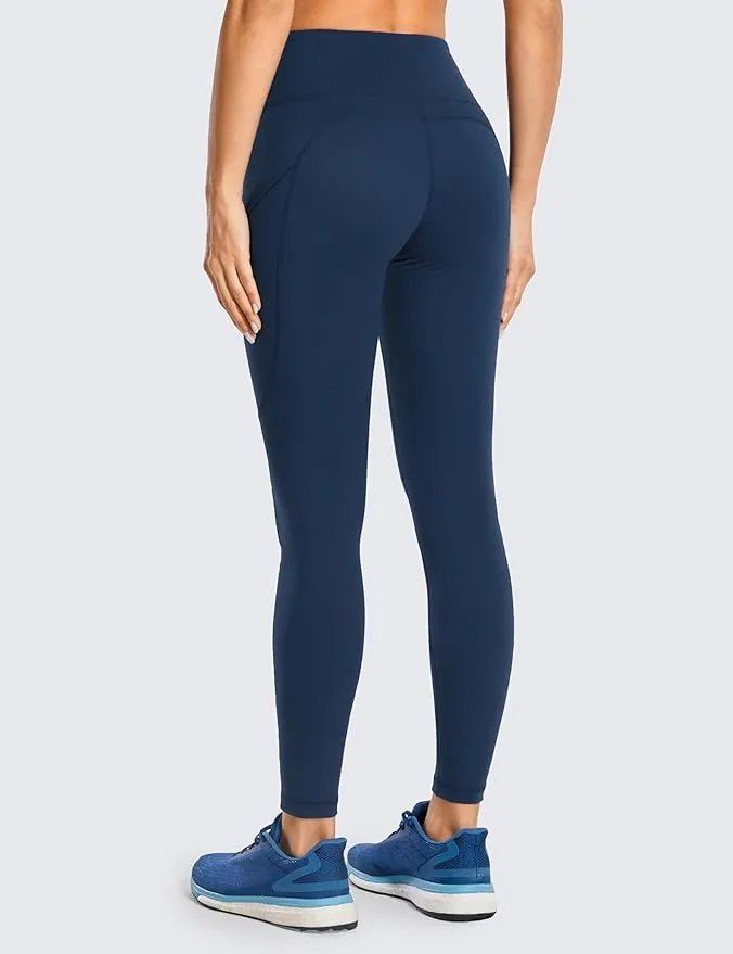 New vdbm YOGA Women's Light-Fleece Workout Leggings - High Waisted Warm Matte Brushed Tights Pants with Pockets, Navy, Sz M