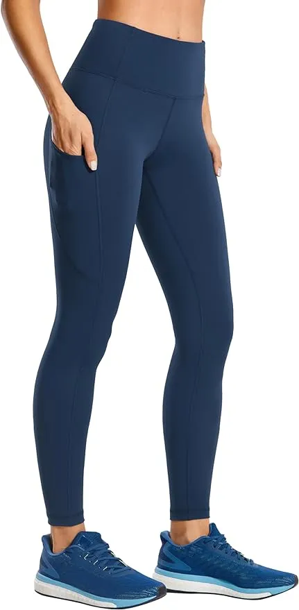 New vdbm YOGA Women's Light-Fleece Workout Leggings - High Waisted Warm Matte Brushed Tights Pants with Pockets, Navy, Sz M