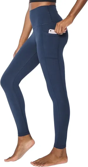 New vdbm YOGA Women's Light-Fleece Workout Leggings - High Waisted Warm Matte Brushed Tights Pants with Pockets, Navy, Sz M