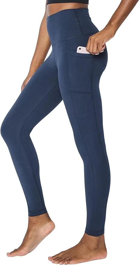 New vdbm YOGA Women's Light-Fleece Workout Leggings - High Waisted Warm Matte Brushed Tights Pants with Pockets, Navy, Sz M