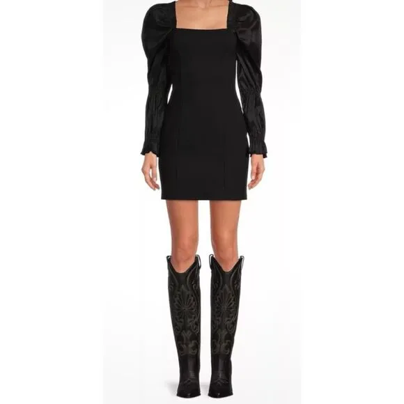 NWT A Loves A Obsidian Black Puff Long Sleeve Open Back Mini Dress