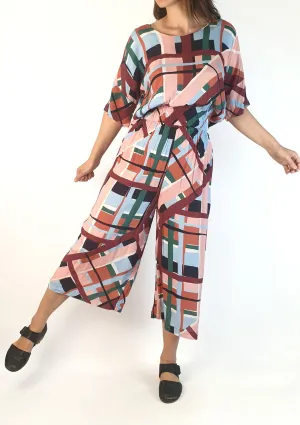 Obus autumnal check print wide leg jumpsuit size 1, best fits 8