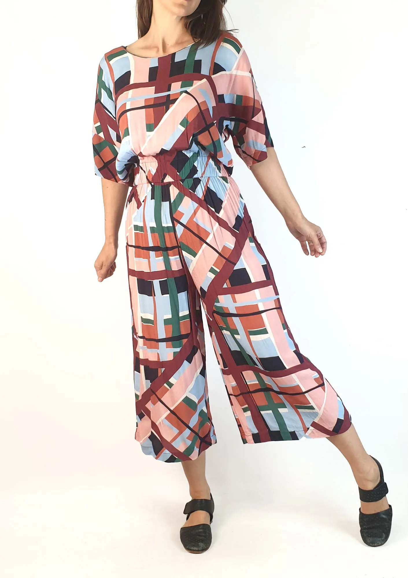 Obus autumnal check print wide leg jumpsuit size 1, best fits 8