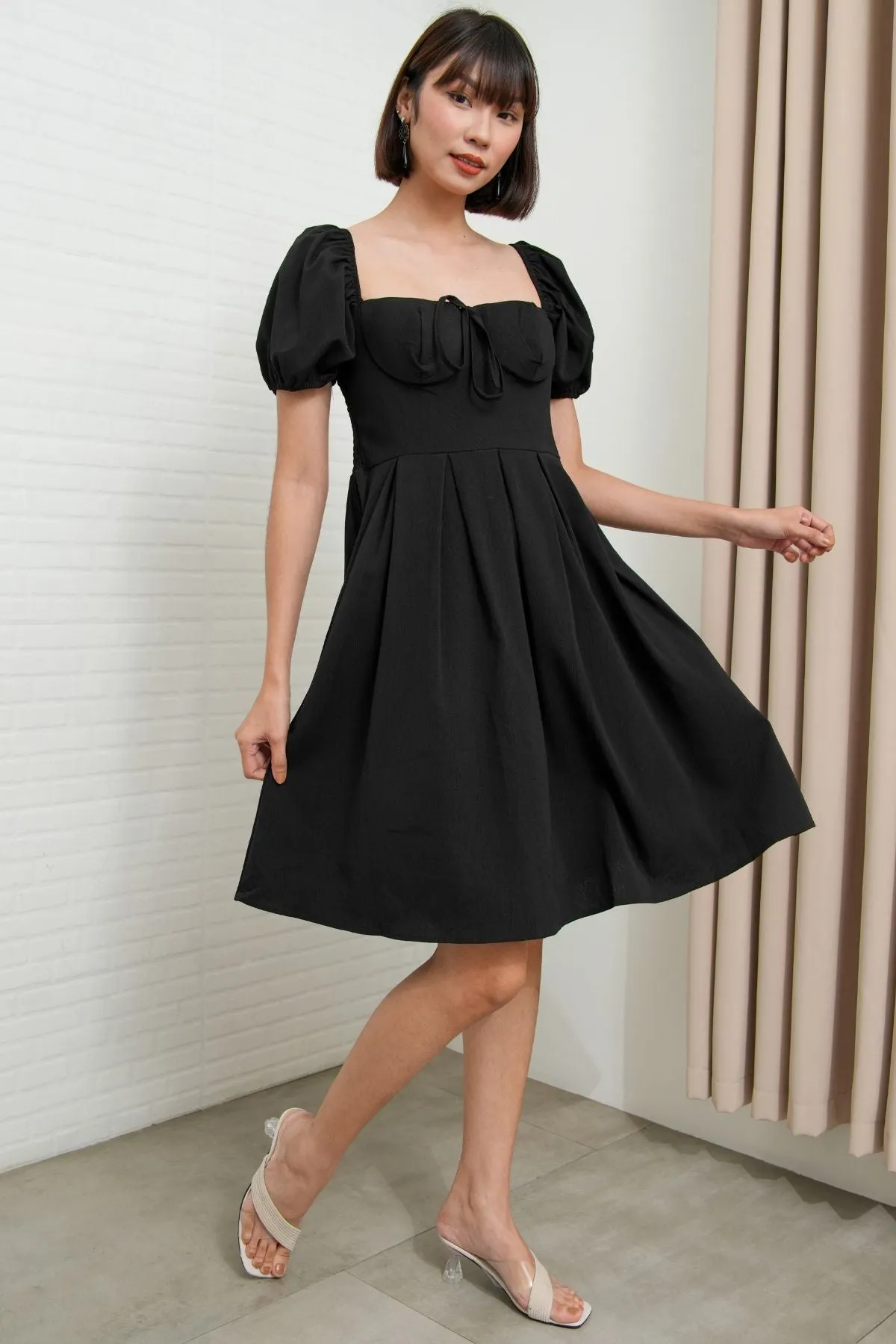 ODESSA Puff-Sleeve Padded Dress (Black)