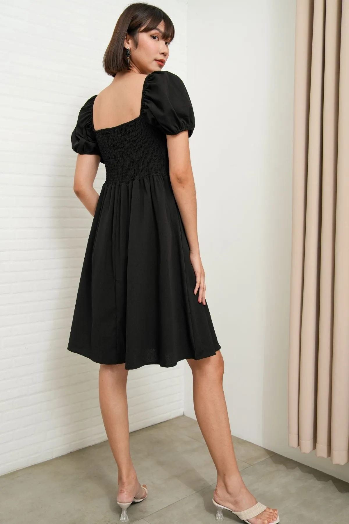 ODESSA Puff-Sleeve Padded Dress (Black)