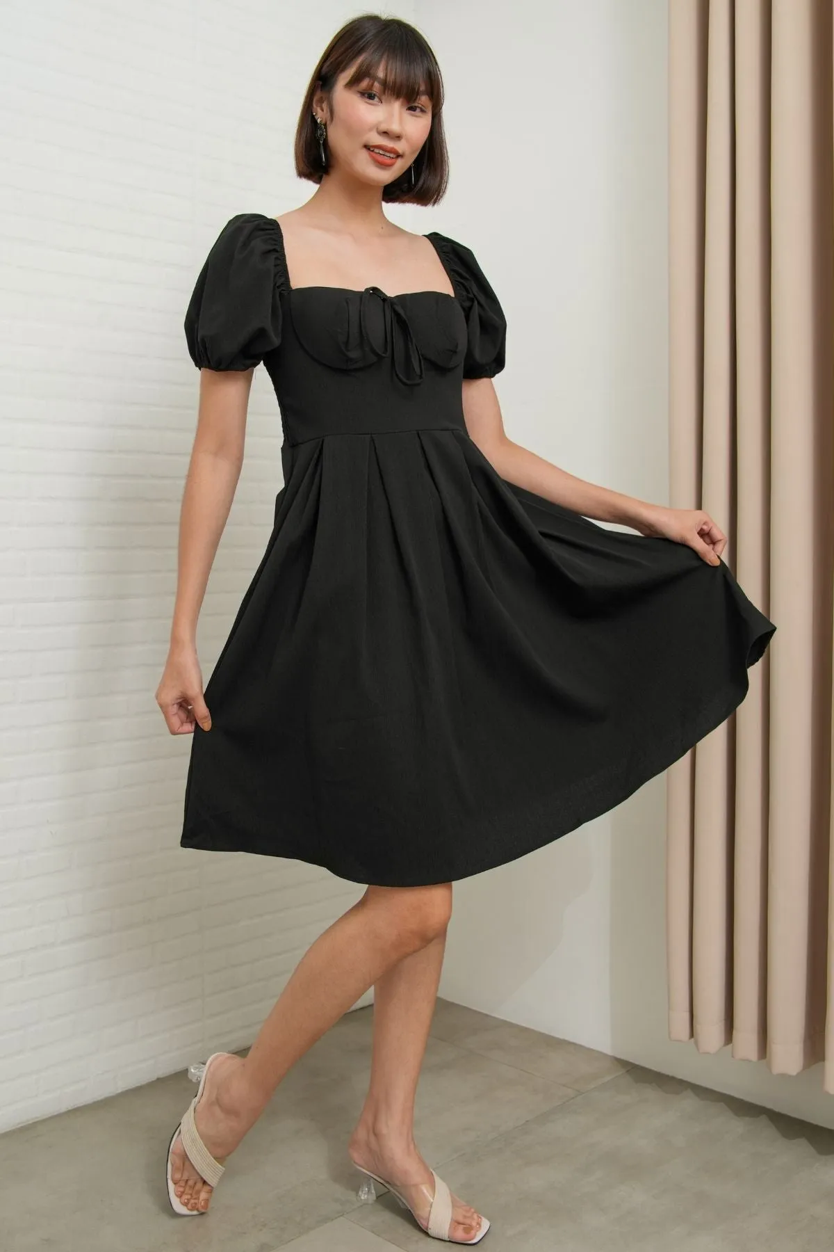 ODESSA Puff-Sleeve Padded Dress (Black)