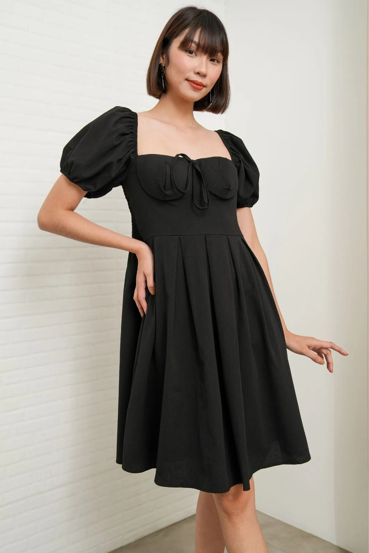 ODESSA Puff-Sleeve Padded Dress (Black)