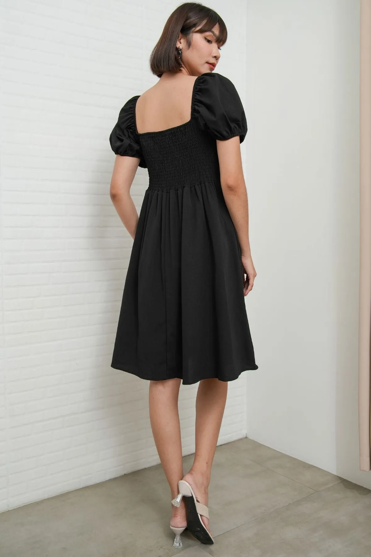 ODESSA Puff-Sleeve Padded Dress (Black)