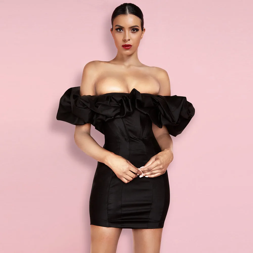 Off Shoulder Short Sleeve Frill Mini Bodycon Dress