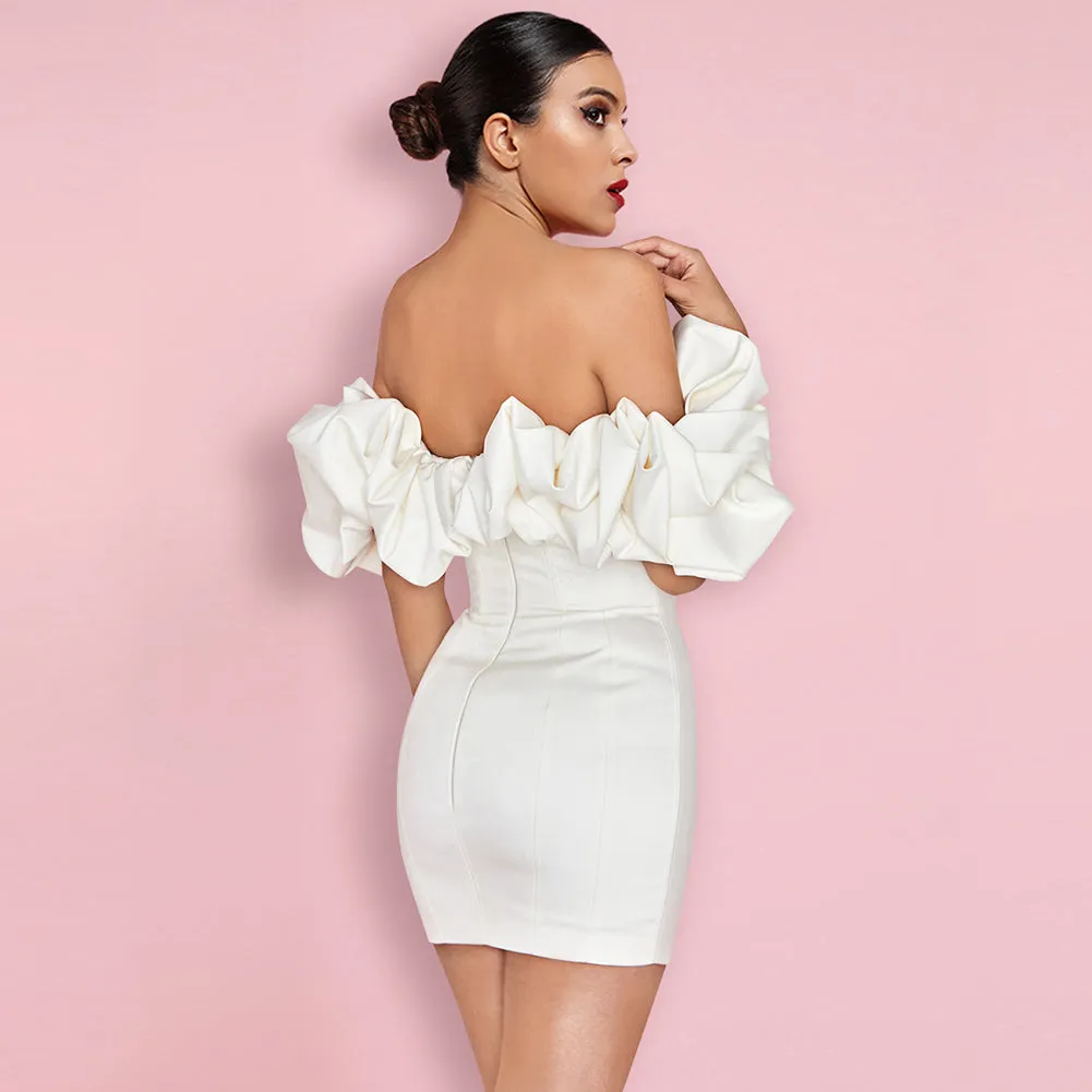Off Shoulder Short Sleeve Frill Mini Bodycon Dress