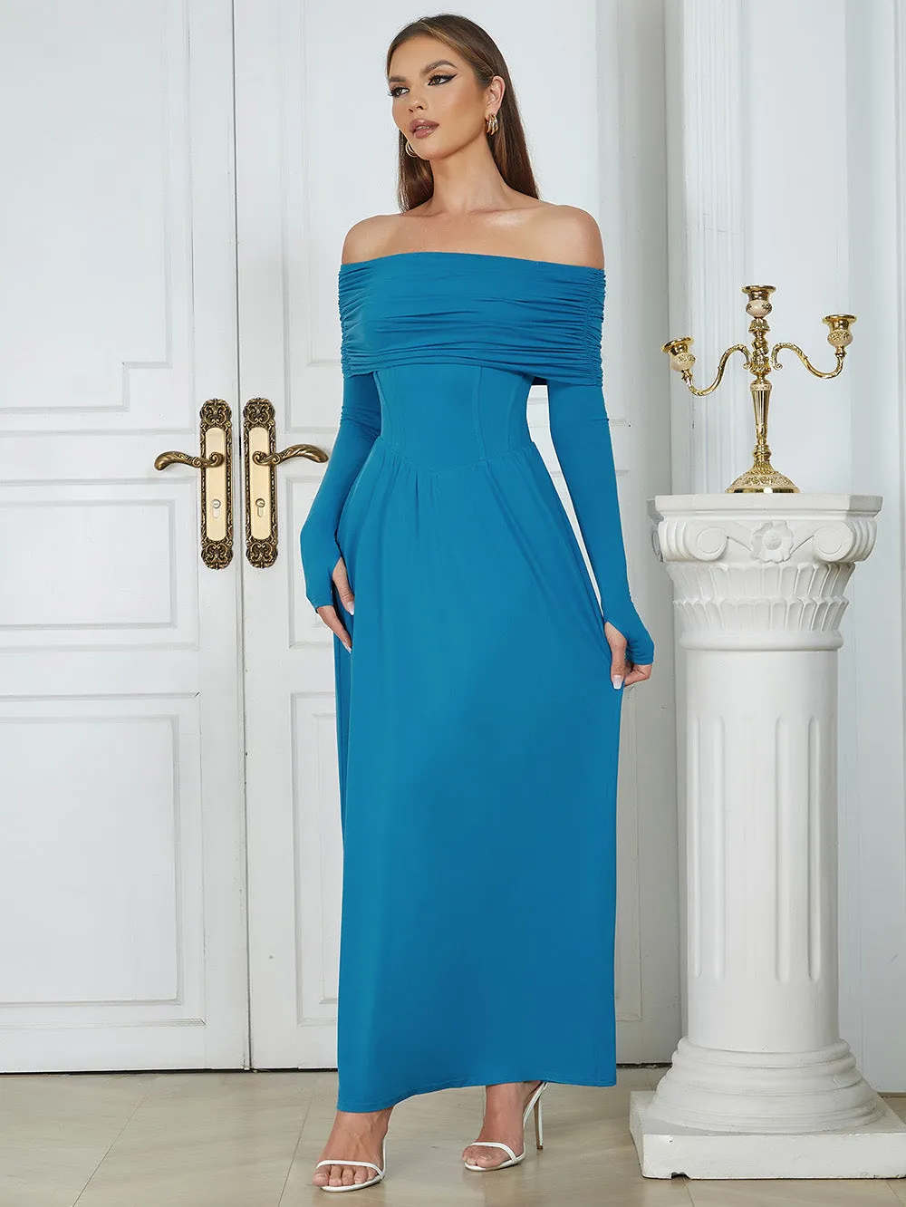 Off Shoulder With Gloves Maxi Bodycon Dress HB0336